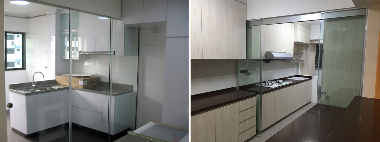 Sliding safety glass doors for kitchens